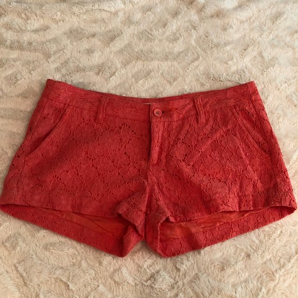 Coral/Orange Junior's Lace Eyelet shorts - Picture 1 of 8